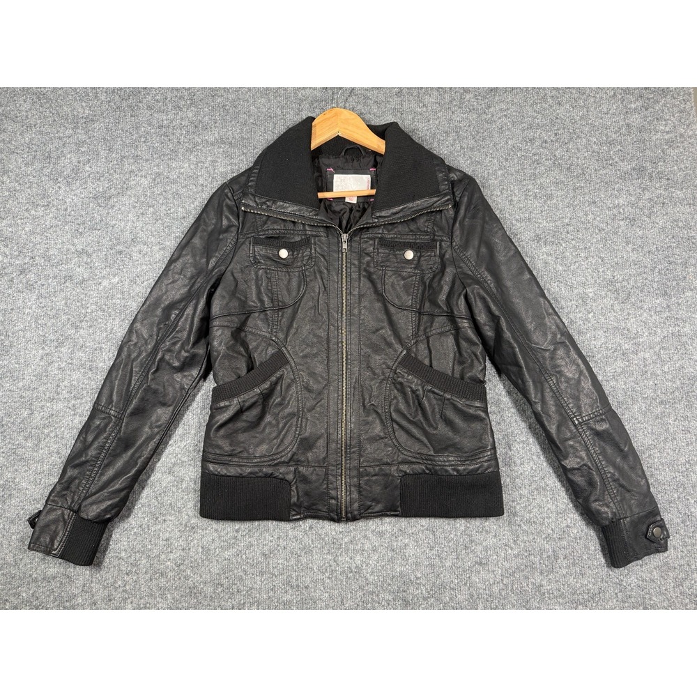 Xhilaration Outer Shell Leather Jacket Womens L Black Ribbed Collared Hem Zip-Up